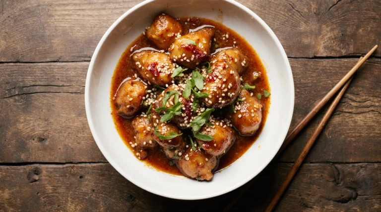A bowl of sticky, glazed honey ginger chicken with sesame seeds and scallions, served with chopsticks on a wooden table.