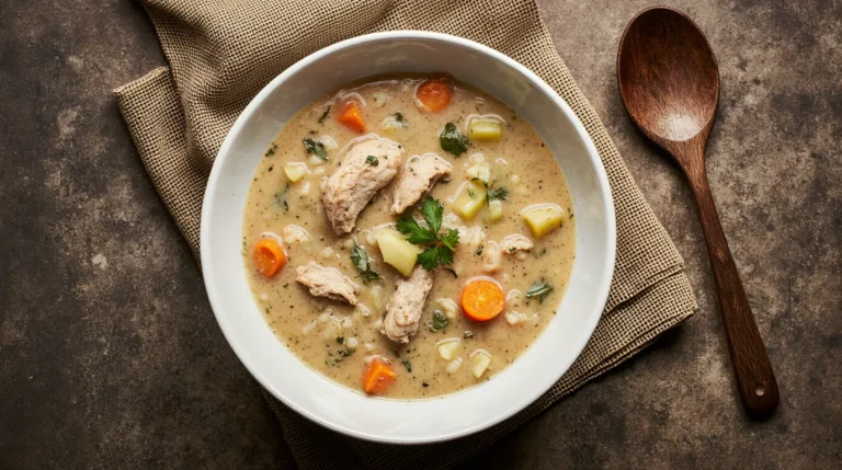 A rustic bowl of creamy, homemade chicken and wild rice soup with shredded chicken, wild rice, carrots, and celery.