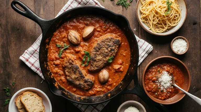 A skillet of authentic Italian steak pizzaiola with a rich tomato and garlic sauce, served with spaghetti and crusty bread.