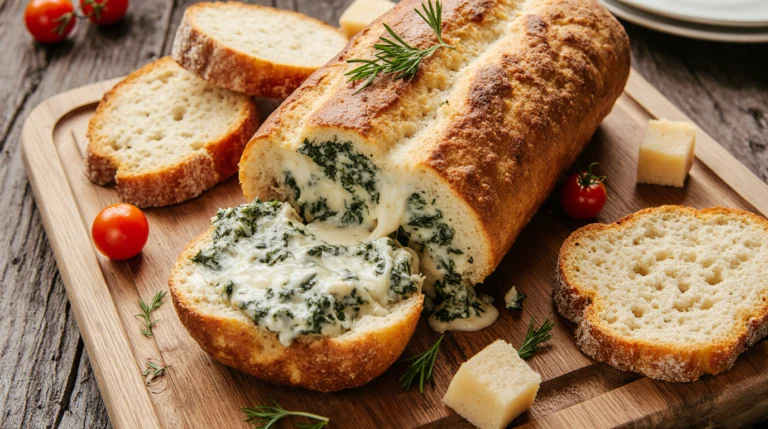A golden-brown cob loaf filled with bubbling spinach and cheese dip, served on a rustic board with toasted bread pieces for dipping. This classic cob loaf recipe is the ultimate party appetizer.