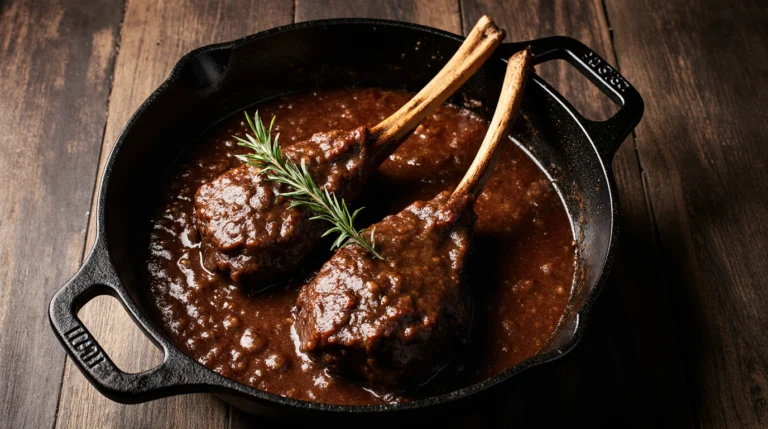Two perfectly braised, tender lamb shanks in a rich red wine sauce, served in a cast iron pot. This image shows the final result of our ultimate lamb shank recipe.