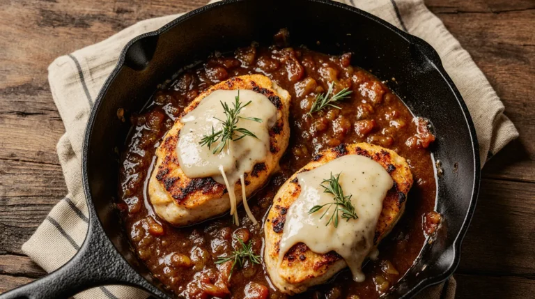 Juicy french onion chicken with caramelized onions and melted Gruyère cheese in a cast iron skillet.