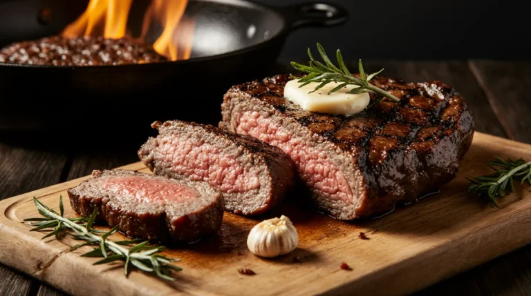 A perfectly cooked beef chuck eye steak, sliced to show a juicy pink center, with a dark seared crust and glistening garlic herb butter.