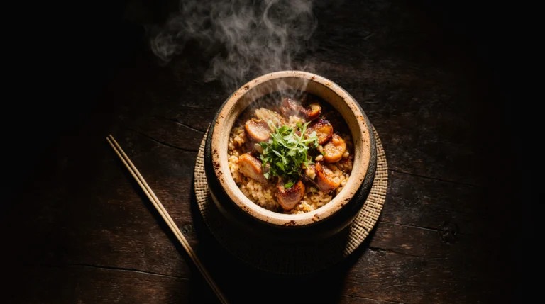 A traditional Chinese clay pot filled with authentic claypot chicken rice, featuring crispy rice crust, glazed chicken, sausage, mushrooms, and scallions.