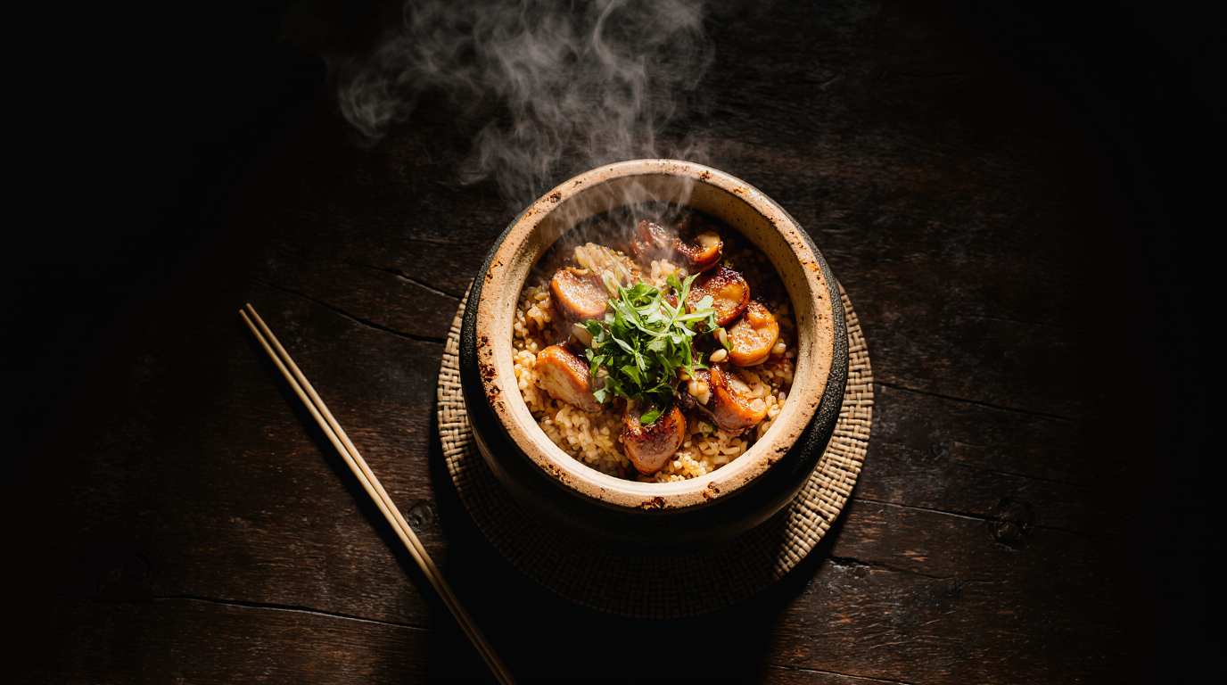 A traditional Chinese clay pot filled with authentic claypot chicken rice, featuring crispy rice crust, glazed chicken, sausage, mushrooms, and scallions.