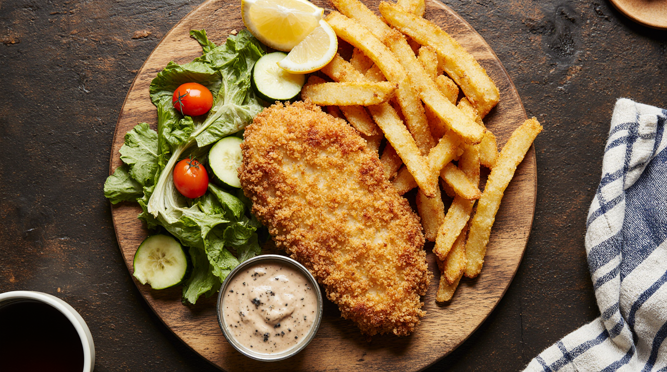 A perfectly cooked crispy chicken schnitzel served with fries, salad, and mushroom sauce on a rustic wooden board.