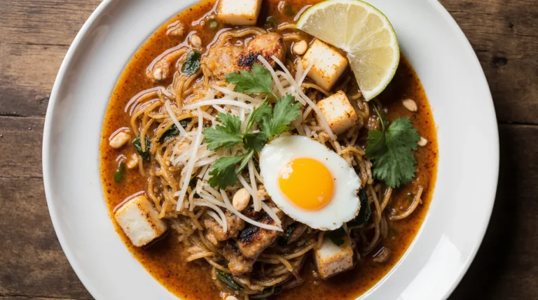 A perfectly plated, authentic chicken pad thai recipe featuring glistening rice noodles, seared chicken, tofu, egg, peanuts, and lime.