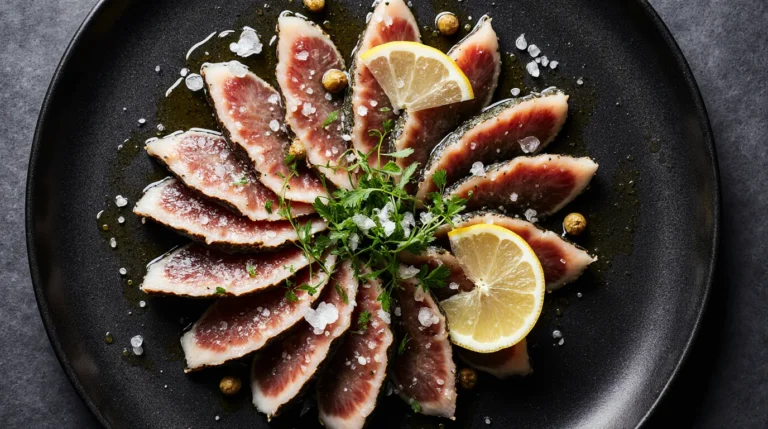 A stunning, professional plate of restaurant-quality tuna crudo, featuring glistening slices of raw ahi tuna drizzled with olive oil and garnished with sea salt, capers, and microgreens.