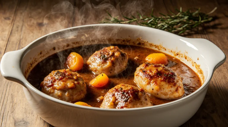 Golden brown, glazed chicken drumsticks in a sticky apricot sauce, baked in a ceramic dish - the ultimate traditional apricot chicken recipe.