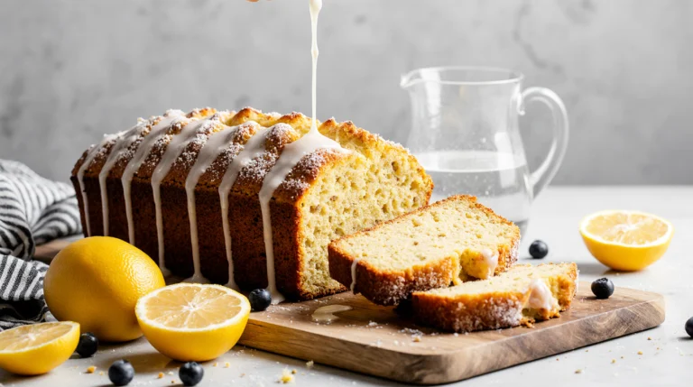 Final result of a perfect lemon drizzle cake recipe: golden loaf with crunchy topping and a cut slice.