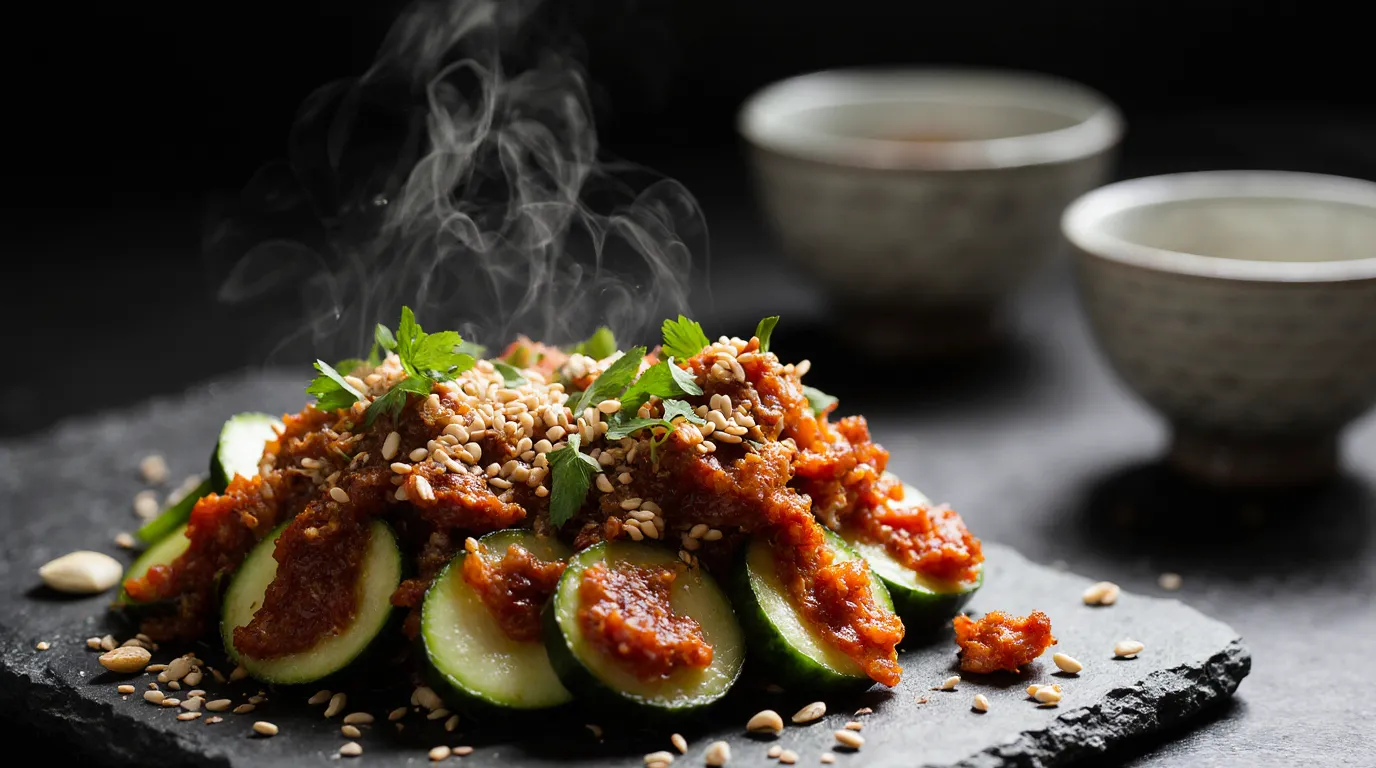 Step-by-step traditional Korean cucumber kimchi recipe showing stuffed oi sobagi with spicy red seasoning paste, garlic chives, and sesame seeds on dark slate