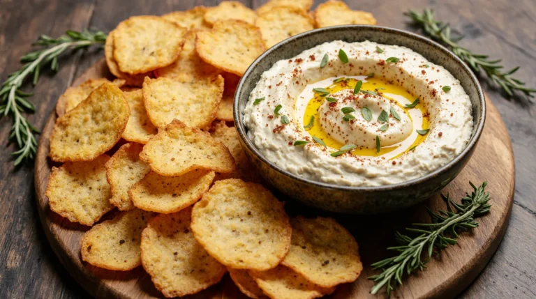 Final result of our hummus cottage cheese chips recipe: crispy golden cheese chips arranged around a bowl of creamy hummus on a wooden board.