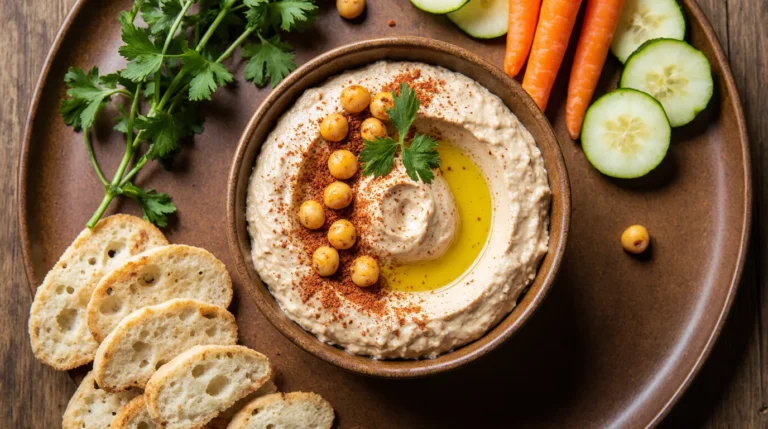 A perfect creamy hummus recipe without tahini served in a rustic bowl, topped with golden olive oil, paprika, and whole chickpeas, surrounded by fresh vegetables and warm pita bread.