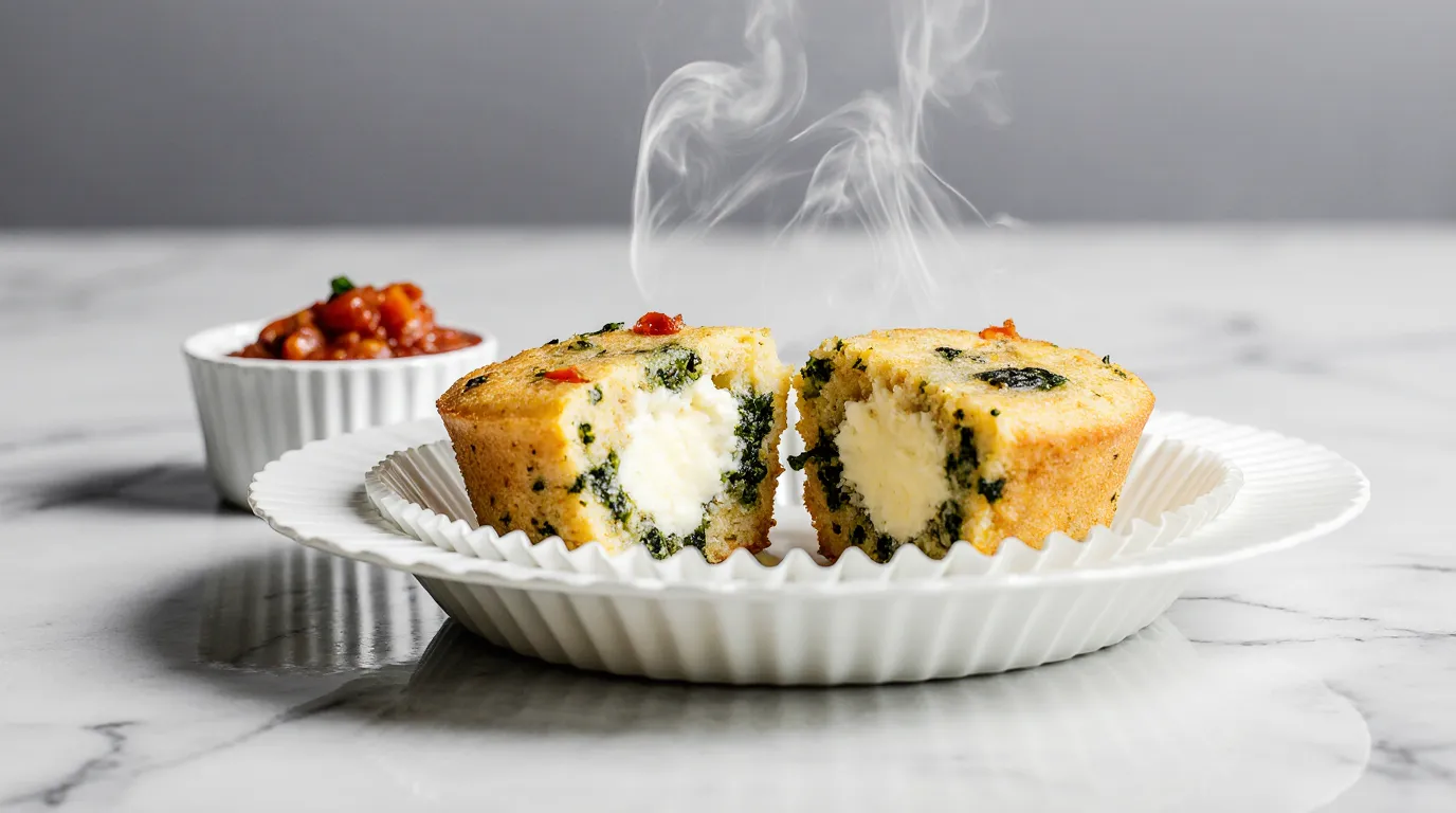Finished homemade egg white bites recipe served fresh from a silicone muffin tin, showcasing golden-brown tops and a creamy interior with roasted red peppers and spinach.