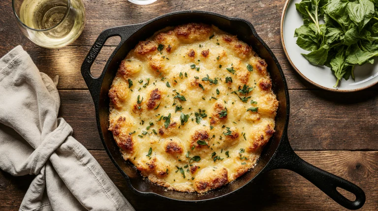 A golden-brown, bubbling potato bake recipe fresh from the oven in a cast iron skillet, with a crispy cheese topping and steam rising, ready to serve.
