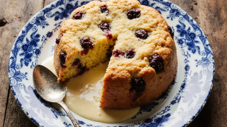 Steamed spotted dick pudding sliced open with currants, served with pouring custard on a blue plate - classic British dessert recipe