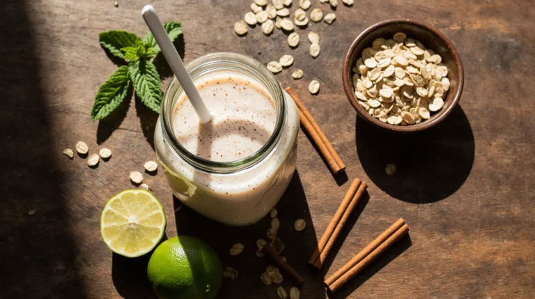 Freshly blended Natural Zepbound Recipe drink in a mason jar with rolled oats, limes, and cinnamon ingredients displayed