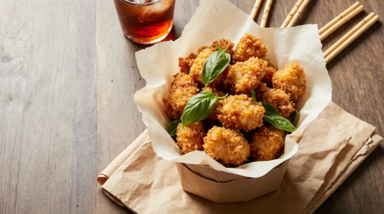 A generous serving of authentic, crispy Taiwanese popcorn chicken with fried basil, served in a night market-style paper bag alongside iced milk tea.