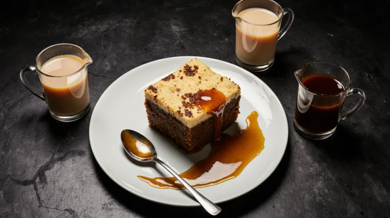 A square of sticky date pudding with three sauces: caramel, butterscotch, and toffee. This visual guide from our sticky date pudding recipe helps you choose the perfect sauce.