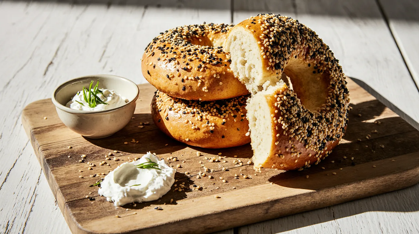 Fresh, homemade sourdough bagels recipe result showing golden-brown, chewy bagels with everything seasoning, sliced open to reveal the tangy interior, served with cream cheese.