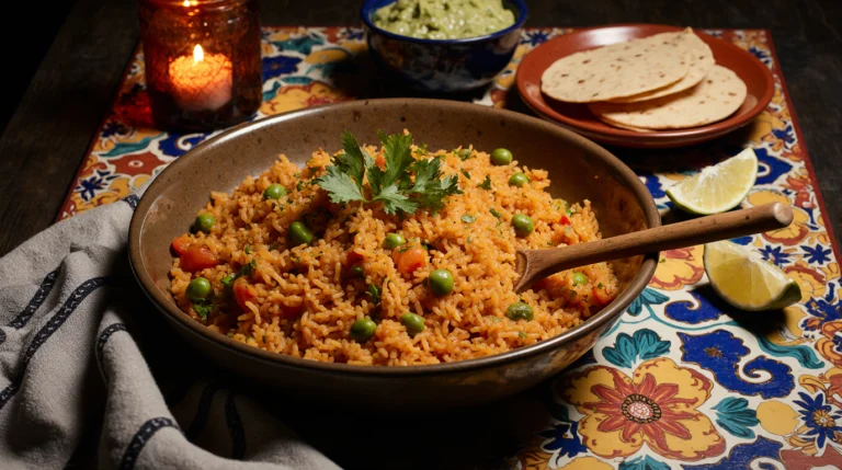 A vibrant, close-up shot of a perfectly cooked, fluffy Mexican rice recipe served in a traditional clay bowl, garnished with fresh cilantro and lime, ready to be enjoyed as a delicious side dish.