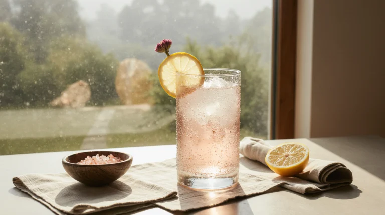 A pristine glass of the ultimate pink salt weight loss recipe, known as the natural mounjaro drink, showing its pale pink hue with a lemon garnish and condensation on the glass.