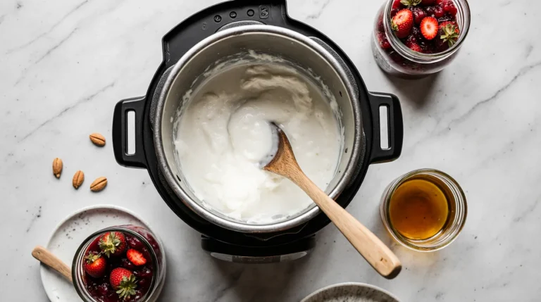Creamy homemade yogurt being scooped from an Instant Pot in this easy instant pot yogurt recipe, served with strawberry compote and honey.