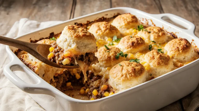 A golden-brown cattle-ranch casserole recipe fresh from the oven in a ceramic dish, featuring flaky biscuit topping, bubbling cheddar cheese, and savory ground beef with corn and peppers.